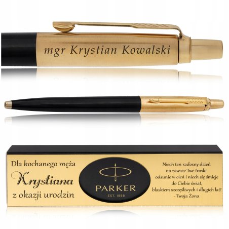 ZŁOTY DŁUGOPIS PARKER JOTTER CZARNY 24 KARATY + PUDEŁKO Z DEDYKACJĄ GRAWER