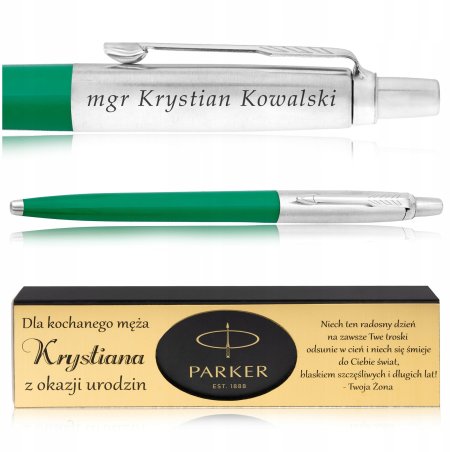 DŁUGOPIS PARKER JOTTER ZIELONY + ELEGANCKIE PUDEŁKO Z DEDYKACJĄ + GRAWER