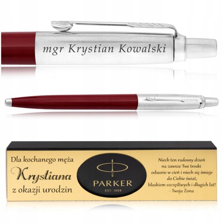 DŁUGOPIS PARKER JOTTER CZERWONY + ELEGANCKIE PUDEŁKO Z DEDYKACJĄ + GRAWER
