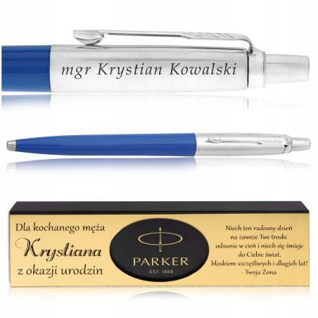 DŁUGOPIS PARKER JOTTER NIEBIESKI + ELEGANCKIE PUDEŁKO Z DEDYKACJĄ + GRAWER