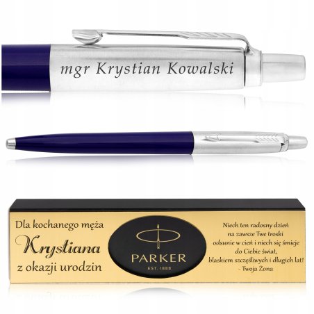 DŁUGOPIS PARKER JOTTER GRANATOWY + ELEGANCKIE PUDEŁKO Z DEDYKACJĄ + GRAWER
