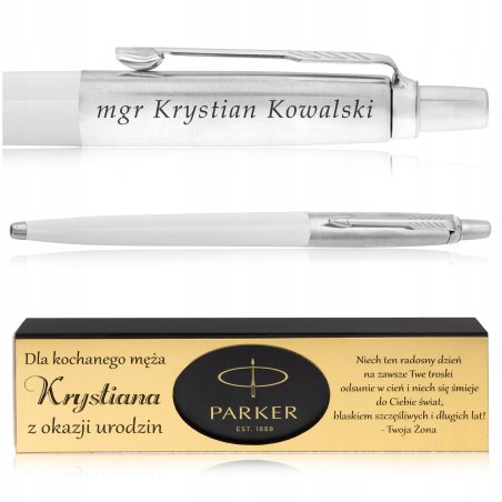 DŁUGOPIS PARKER JOTTER BIAŁY + ELEGANCKIE PUDEŁKO Z DEDYKACJĄ + GRAWER