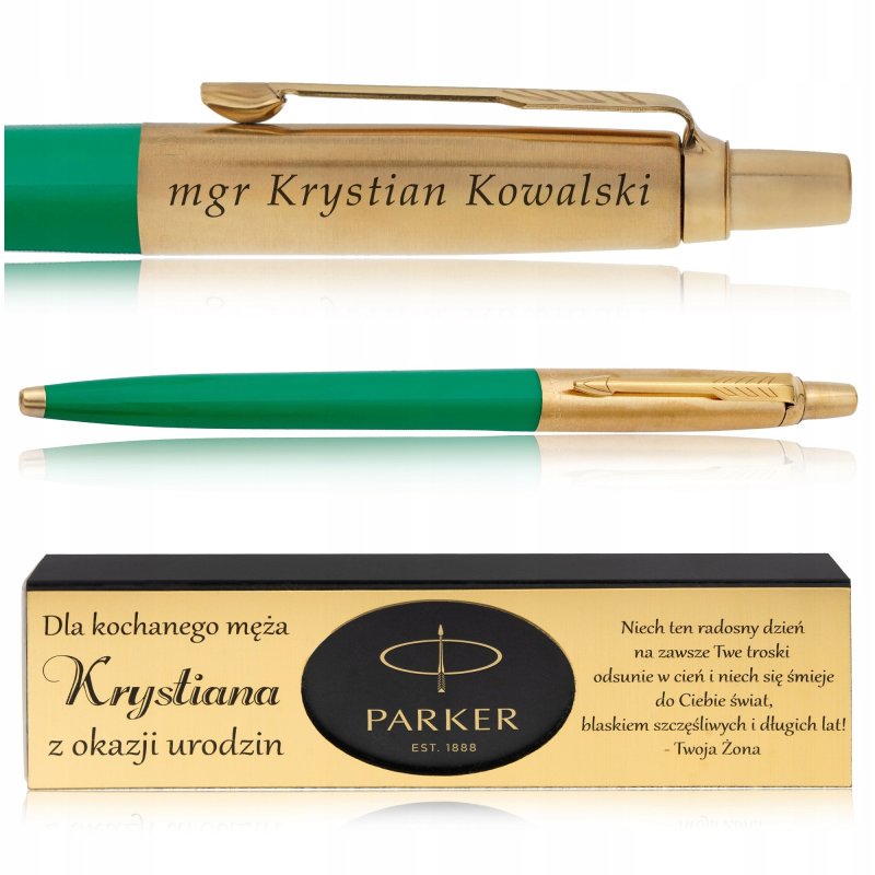 ZŁOTY DŁUGOPIS PARKER JOTTER ZIELONY 24 KARATY + PUDEŁKO Z DEDYKACJĄ GRAWER