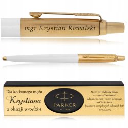 ZŁOTY DŁUGOPIS PARKER JOTTER BIAŁY 24 KARATY + PUDEŁKO Z DEDYKACJĄ GRAWER