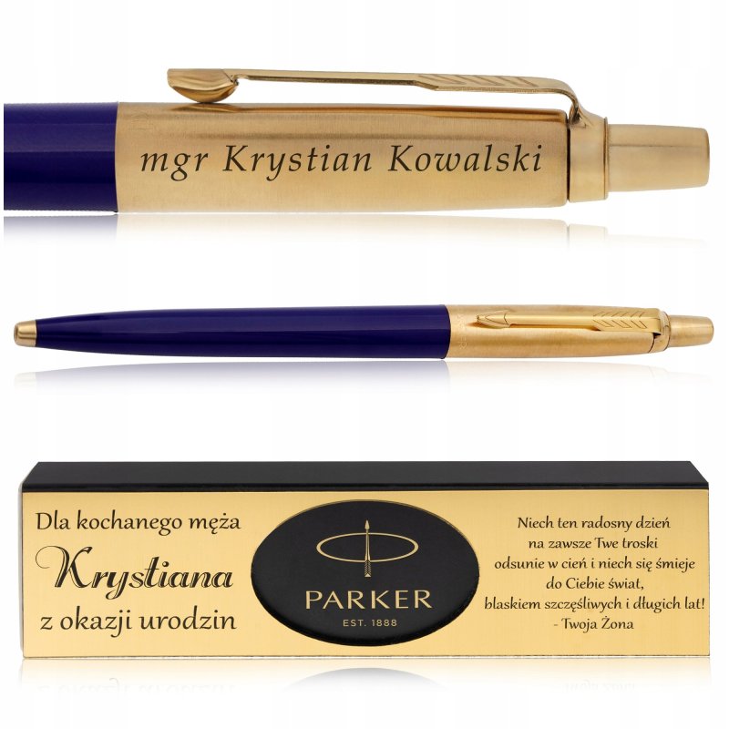 ZŁOTY DŁUGOPIS PARKER JOTTER GRANATOWY 24 KARATY + PUDEŁKO DEDYKACJA GRAWER