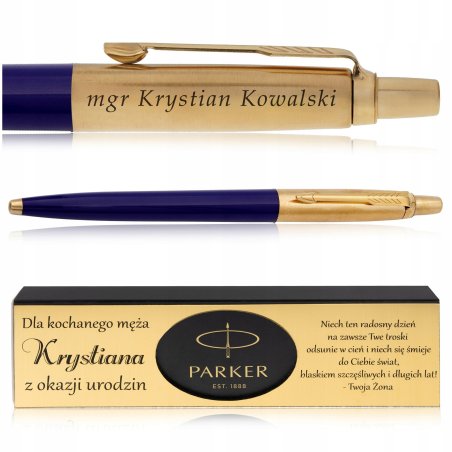 ZŁOTY DŁUGOPIS PARKER JOTTER GRANATOWY 24 KARATY + PUDEŁKO DEDYKACJA GRAWER