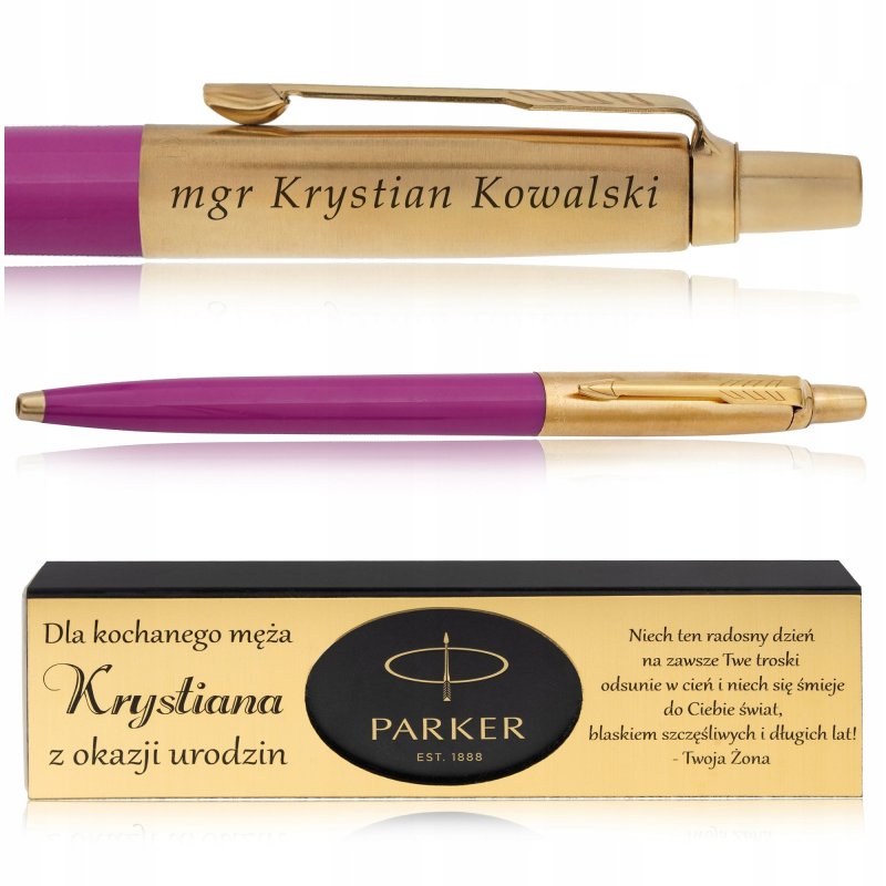 ZŁOTY DŁUGOPIS PARKER JOTTER MAGENTA 24 KARATY + PUDEŁKO Z DEDYKACJĄ GRAWER