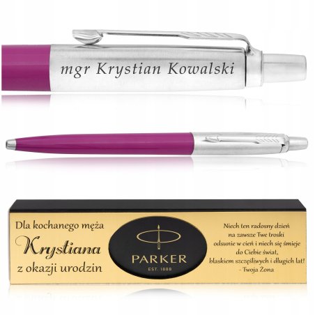 DŁUGOPIS PARKER JOTTER MAGENTA + ELEGANCKIE PUDEŁKO Z DEDYKACJĄ + GRAWER