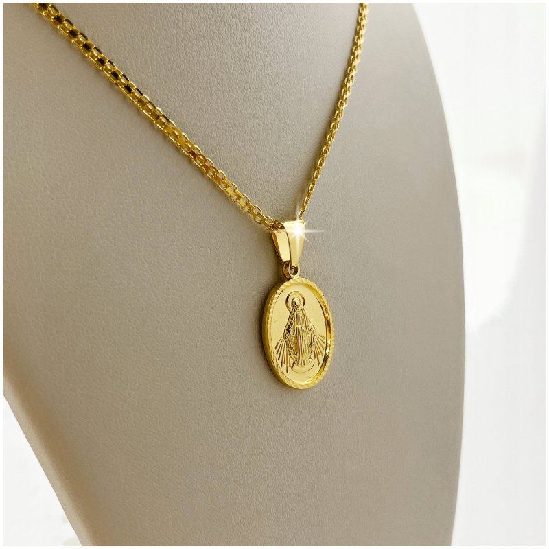 BŁYSZCZĄCY DAMSKI ZŁOTY ŁAŃCUSZEK KOMUNIJNY Z MEDALIKIEM MATKA BOSKA 45 CM
