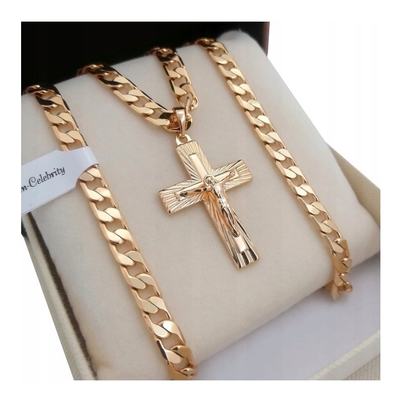 ZŁOTY ŁAŃCUSZEK PANCERKA SZEROKI + KRZYŻYK 18K 50CM NA PREZENT + DEDYKACJA