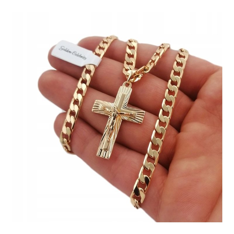 ZŁOTY ŁAŃCUSZEK PANCERKA SZEROKI + KRZYŻYK 18K 50CM NA PREZENT + DEDYKACJA