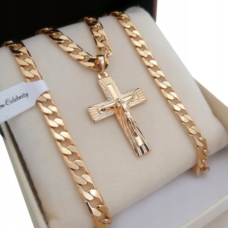 ZŁOTY ŁAŃCUSZEK PANCERKA SZEROKI + KRZYŻYK 18K 50CM NA PREZENT + DEDYKACJA