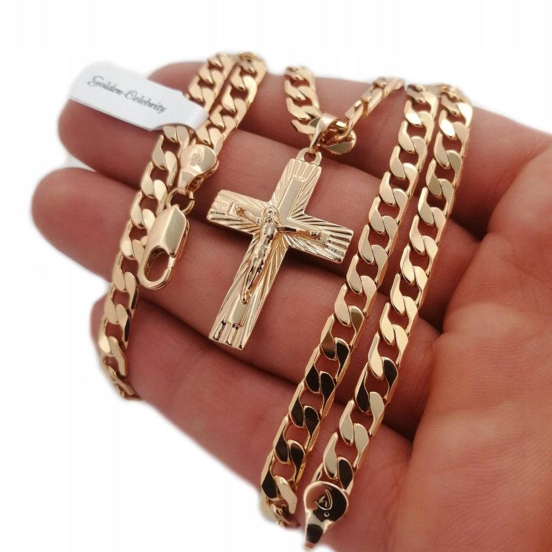 ZŁOTY ŁAŃCUSZEK PANCERKA SZEROKI + KRZYŻYK 18K 50CM NA PREZENT + DEDYKACJA