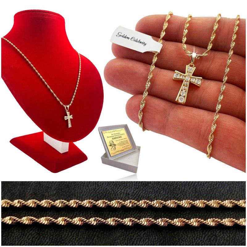 ZŁOTY ŁAŃCUSZEK + KRZYŻYK 18K STAL CHIRURGICZNA NA PREZENT + GRAWER GRATIS