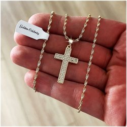 ZŁOTY NASZYJNIK SINGAPUR + KRZYŻYK Z CYRKONIAMI 35 CM STAL CHIRURGICZNA