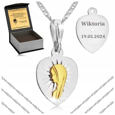 ELEGANCKI SREBRNY ŁAŃCUSZEK + MEDALIK MATKA BOSKA 925 + GRAWER DLA KOBIETY