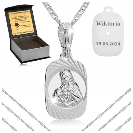 BŁYSZCZĄCY SREBRNY ŁAŃCUSZEK + MEDALIK MATKA BOSKA KARMIĄCA PR 925 + GRAWER