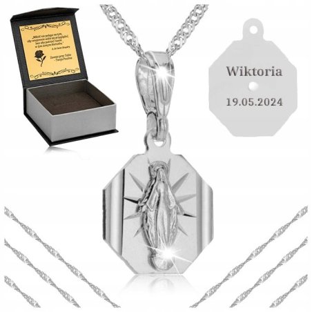 SREBRNY ŁAŃCUSZEK Z MEDALIKIEM PR. 925 PAMIĄTKA I KOMUNII ŚWIĘTEJ + GRATISY