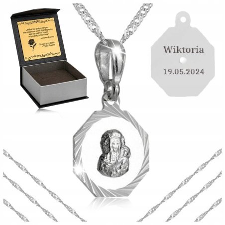 SREBRNY ŁAŃCUSZEK + MEDALIK MARYJA 925 +GRAWER PREZENT NA BIERZMOWANIE 50CM