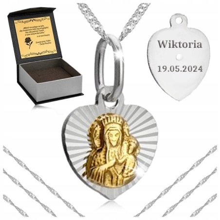 SREBRNY ŁAŃCUSZEK POZŁACANY MEDALIK MATKA BOSKA CZĘSTOCHOWSKA 925 + GRAWER