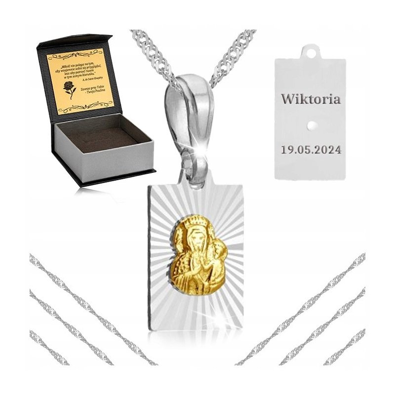 SREBRNY ŁAŃCUSZEK KOMUNIJNY ŁAŃCUSZEK MEDALIK 925 DLA DZIEWCZYNKI + GRAWER