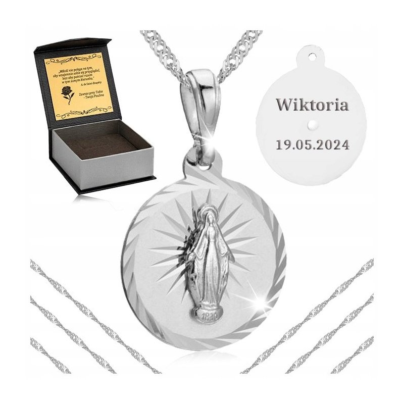 SREBRNY ŁAŃCUSZEK Z MEDALIKIEM PR. 925 PAMIĄTKA I KOMUNII ŚWIĘTEJ + GRATISY