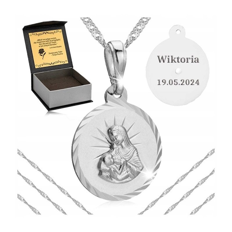 SREBRNY ŁAŃCUSZEK Z MEDALIKIEM PR. 925 PAMIĄTKA I KOMUNII ŚWIĘTEJ + GRATISY