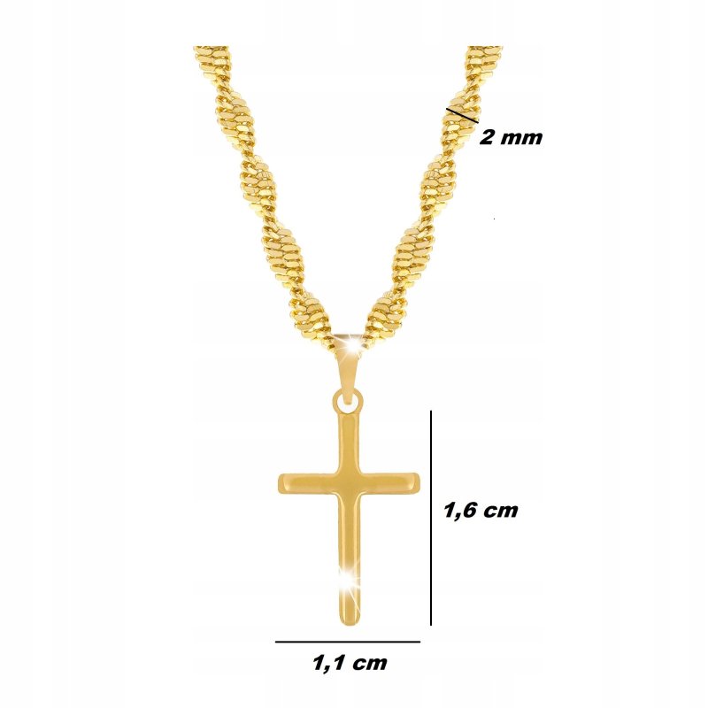 ZŁOTY ŁAŃCUSZEK SINGAPUR SKRĘCANY + KRZYŻYK KRZYŻ CYRKONIE 18K + DEDYKACJA