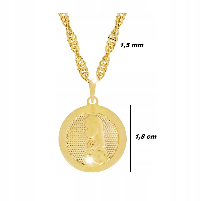 ZŁOTY ŁAŃCUSZEK SINGAPUR WŁOSKI + MEDALIK MATKA BOSKA 18K + DEDYKACJA 45CM