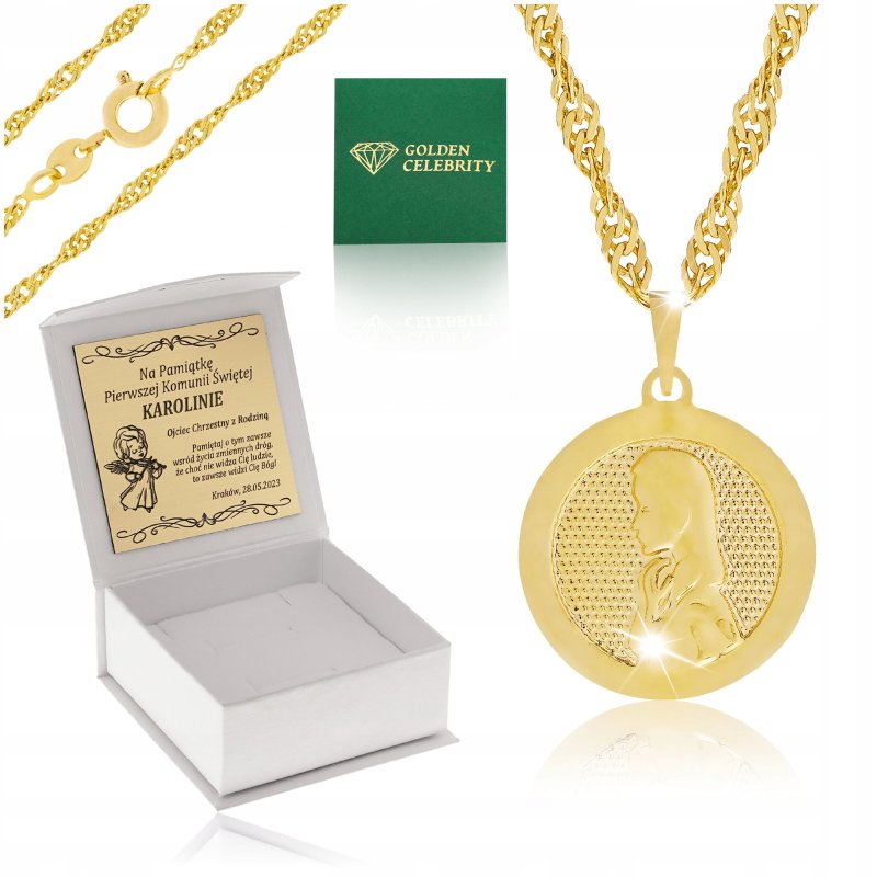 ZŁOTY ŁAŃCUSZEK KOMUNIJNY + MEDALIK MATKA BOSKA 18K +GRAWER NA CHRZEST 45CM
