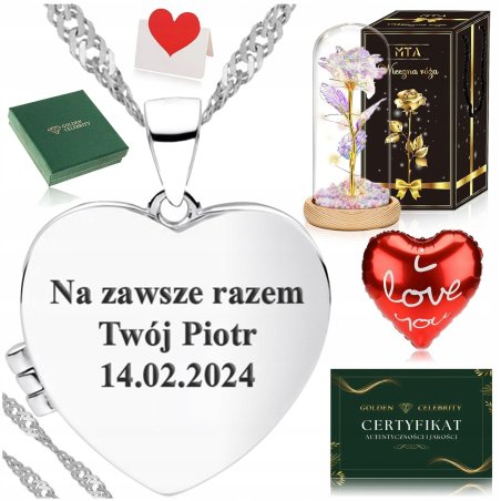 SREBRNY ŁAŃCUSZEK + SERCE OTWIERANE PUZDERKO 925 + RÓŻA WIECZNA LED PREZENT