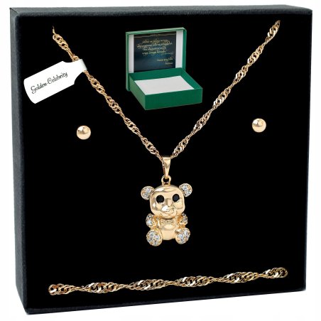 ZŁOTY KOMPLET BIŻUTERII STAL CHIRURGICZNA MISIEK Z CYRKONIAMI+KOLCZYKI 60cm