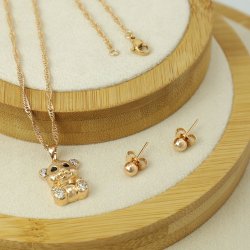 ZŁOTY KOMPLET BIŻUTERII STAL CHIRURGICZNA MISIEK Z CYRKONIAMI+KOLCZYKI 50cm