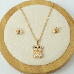 ZŁOTY KOMPLET BIŻUTERII STAL CHIRURGICZNA MISIEK Z CYRKONIAMI+KOLCZYKI 45cm