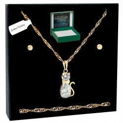 ZŁOTY KOMPLET BIŻUTERII 18K STAL CHIRURGICZNA KOT Z CYRKONIAMI + KOLCZYKI