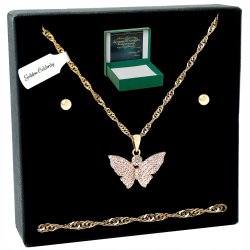 ZŁOTY KOMPLET BIŻUTERII STAL CHIRURGICZNA MOTYL Z CYRKONIAMI+KOLCZYKI 60 CM