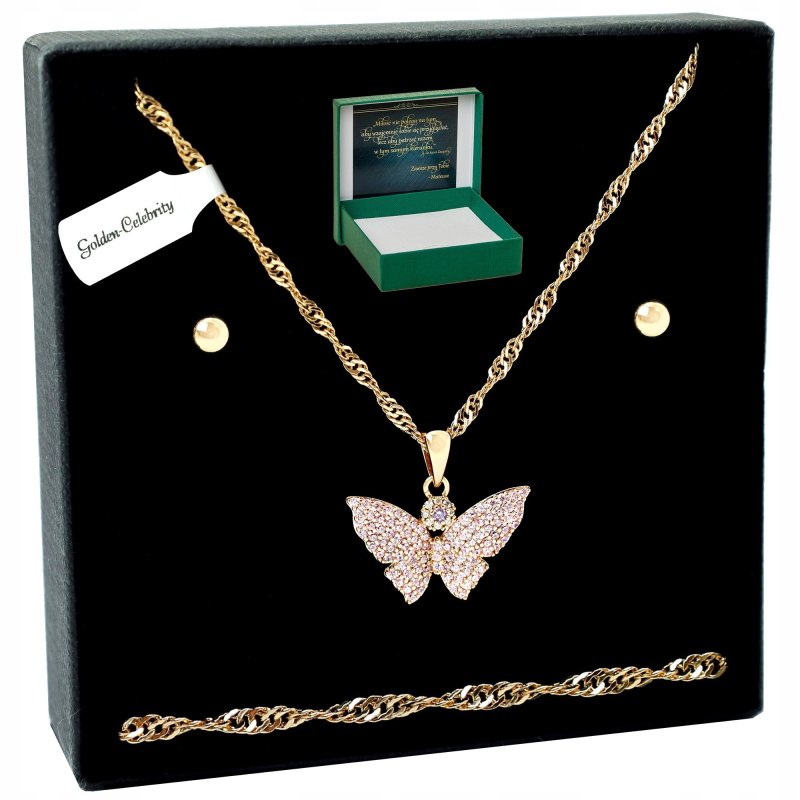 ZŁOTY KOMPLET BIŻUTERII STAL CHIRURGICZNA MOTYL Z CYRKONIAMI+KOLCZYKI 50 CM