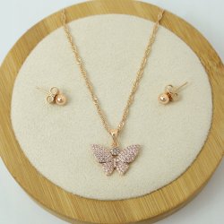 ZŁOTY KOMPLET BIŻUTERII 18K STAL CHIRURGICZNA MOTYL Z CYRKONIAMI + KOLCZYKI