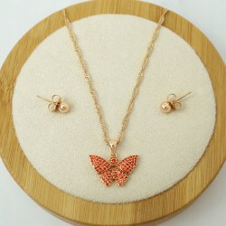 ZŁOTY KOMPLET BIŻUTERII STAL CHIRURGICZNA MOTYL Z CYRKONIAMI+KOLCZYKI 60 CM