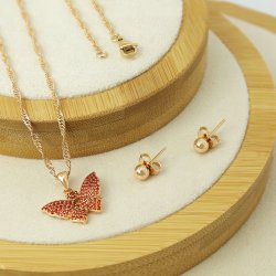ZŁOTY KOMPLET BIŻUTERII 18K STAL CHIRURGICZNA MOTYL Z CYRKONIAMI + KOLCZYKI