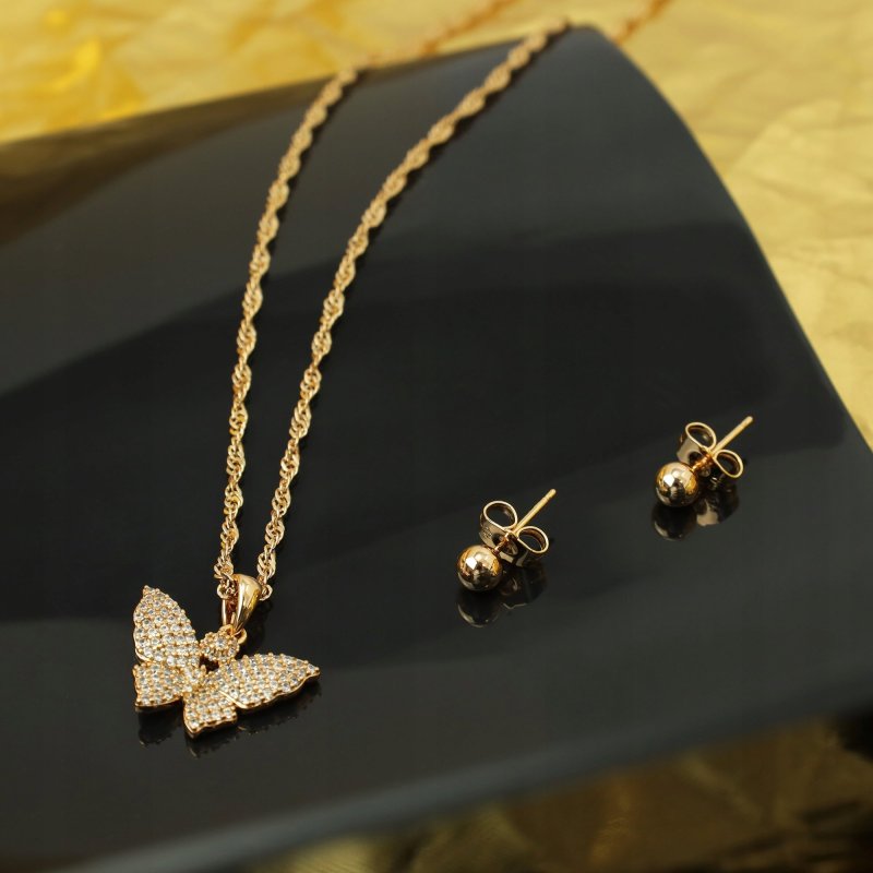 ZŁOTY KOMPLET BIŻUTERII 18K STAL CHIRURGICZNA MOTYL Z CYRKONIAMI + KOLCZYKI