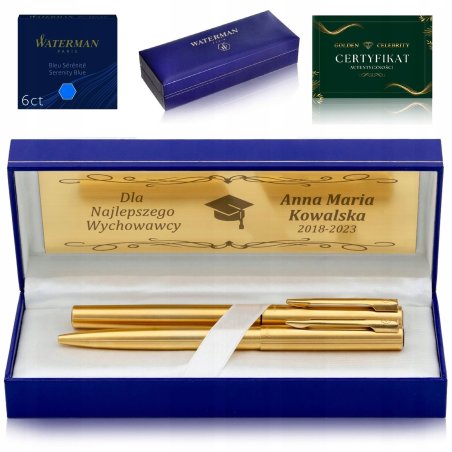 ZŁOTE PIÓRO WIECZNE+DŁUGOPIS WATERMAN ORYGINALNY ZESTAW PREZENTOWY+GRAWER