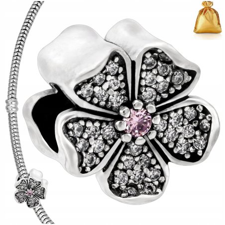 SREBRNA ZAWIESZKA CHARMS KORALIK KWIAT Z CYRKONIAMI SREBRO PR. 925 + GRATIS