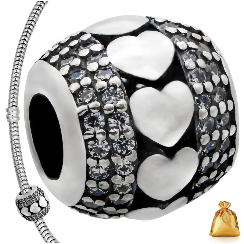 SREBRNA ZAWIESZKA CHARMS KORALIK SERCA Z CYRKONIAMI SREBRO PR. 925 + GRATIS
