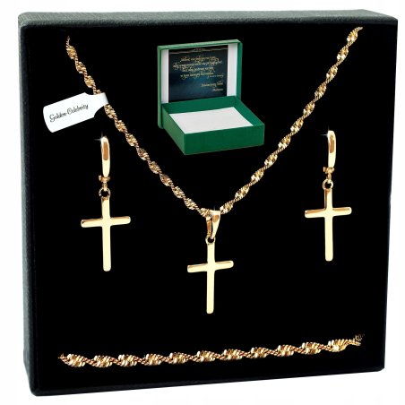 PIEKNY DELIKATNY ŁAŃCUSZEK DAMSKI SINGAPUR + ZAWIESZKA KRZYŻ + KOLCZYKI 18K