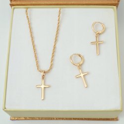 PIEKNY DELIKATNY ŁAŃCUSZEK DAMSKI SINGAPUR + ZAWIESZKA KRZYŻ + KOLCZYKI 18K