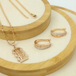 ZŁOTY NASZYJNIK ZE STALI CHIRURGICZNEJ Z CYRKONIAMI + KOLCZYKI WISZĄCE 18K