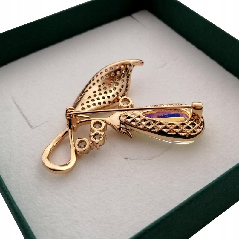 OZDOBNA ZŁOTA BROSZKA 18K KOLOROWA AGRAFKA KOLOR AB CRYSTAL KRYSZTAŁ GRAWER