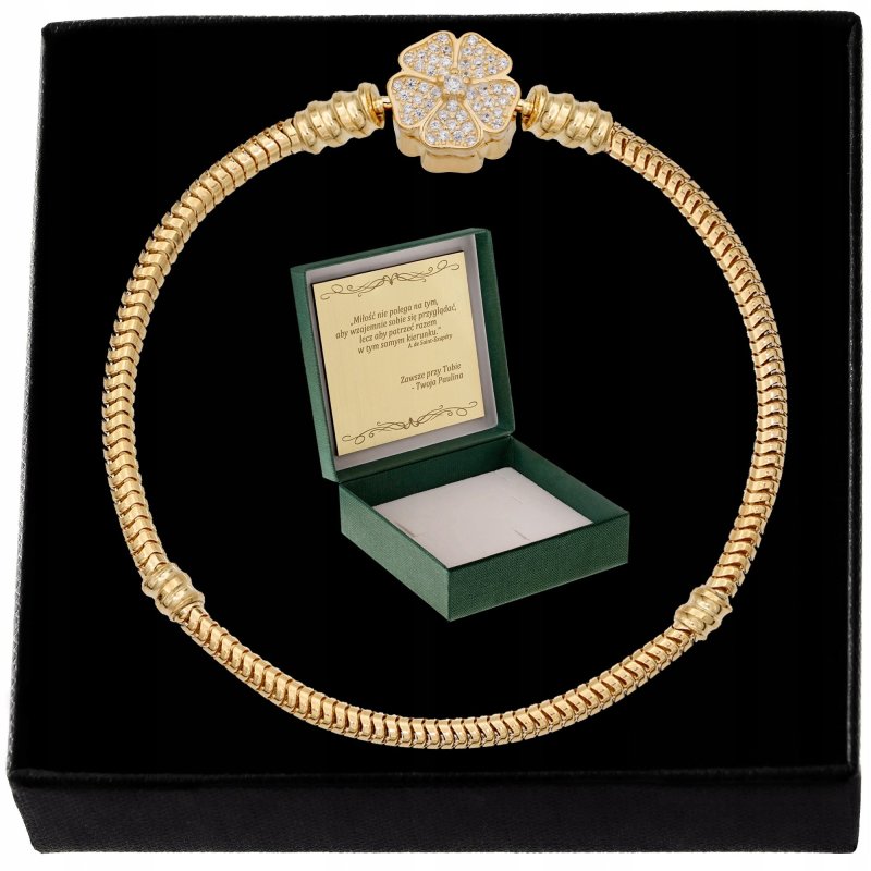 ZŁOTA BRANSOLETKA MODUŁOWA DO CHARMS KONICZYNKA Z CYRKONIAMI 21 cm + GRAWER