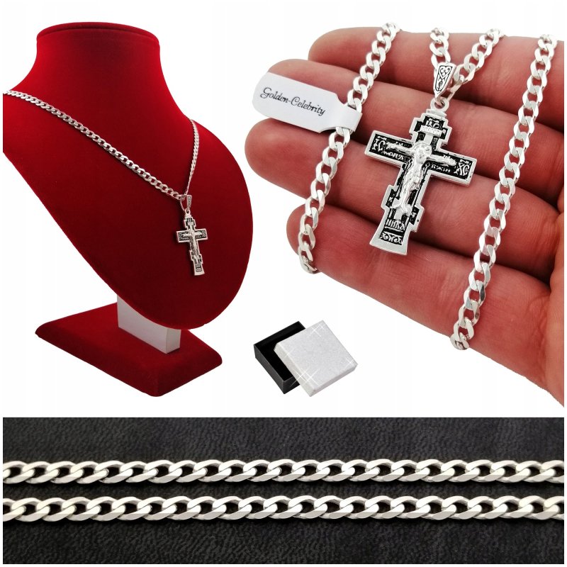 SREBRNY MĘSKI ŁAŃCUSZEK + KRZYŻYK PRAWOSŁAWNY 925 NA 30 40 50 60 URODZINY